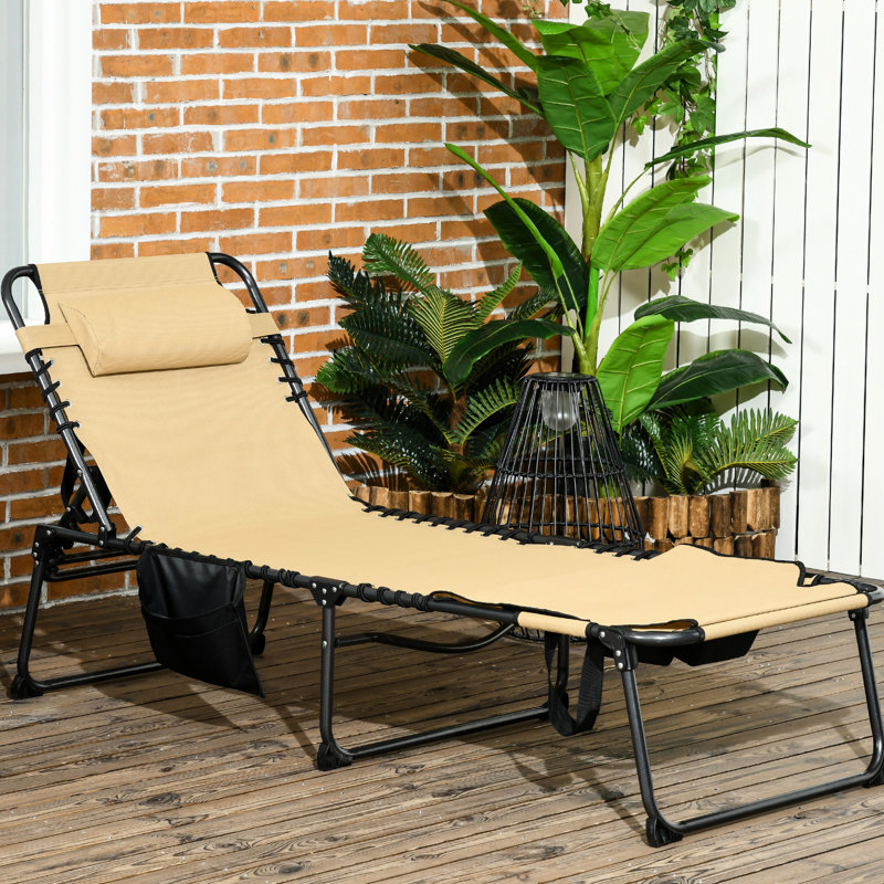Chaise d'extérieur inclinable à 5 niveaux, Poche de rangement, Pliable, Beige, Pour cour, Chaise longue pliable de patio, 5 inclinables, Plage