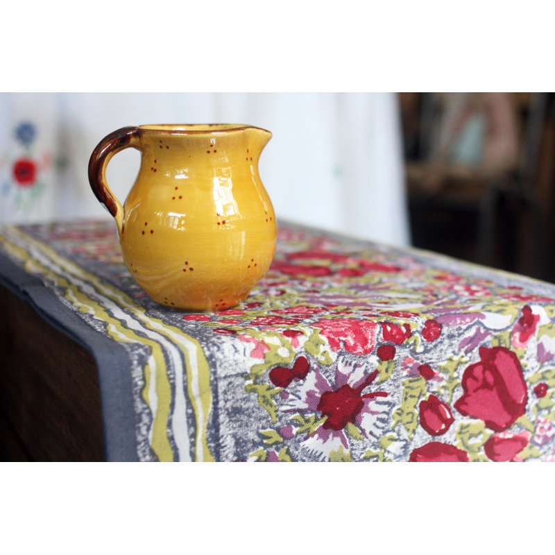 Chemin de table floral fabriqué à la main et résistant à l'eau, L 90 po x l 16 po, Rouge / Gris