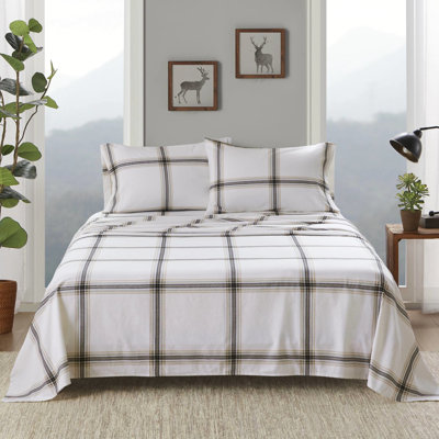 Ensemble de 3 draps simples 100% flanelle de coton brun clair à motif écossais brossé pour obtenir une sensation douce et détendue