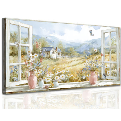 GUTTATY Rustic Farmhouse Canvas Pictures Wall Art, Floral Scenic Painting Window View Artwork Decor, Pink Flower Arrangement Wall Pictures for Living Room Bathroom Bedroom, 12x24 inches