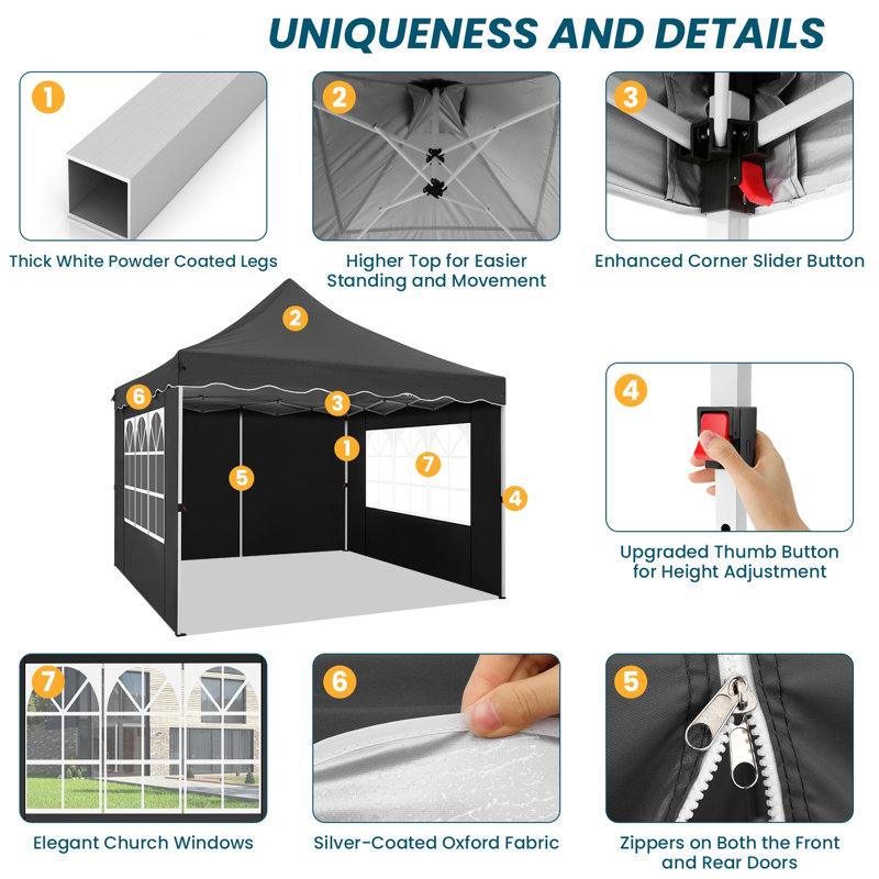 10x10 Pop Up Canopy Tent for Parties with 4 Removable Sidewalls 4 Sandbags, 4 Ropes, 4 Stakes & Wavy Edge, One Person EZ Setup