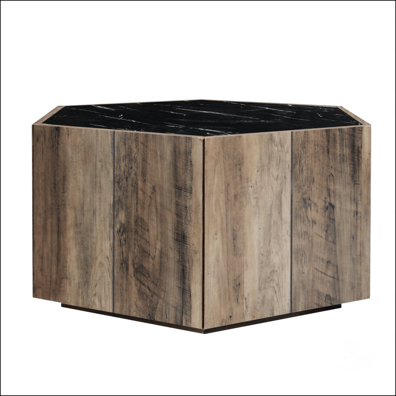 Table basse hexagonale en bois rustique rétro, Noyer, Blanc