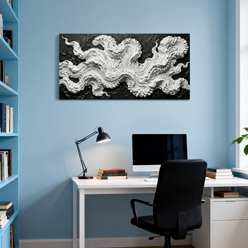 Vagues blanches abstraites sur fond noir, H 28 po x l 58 po