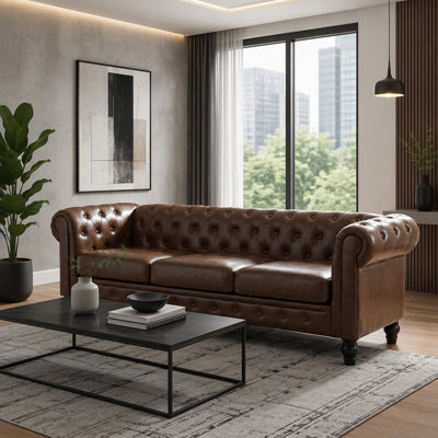 PU Sofa Set for Living Room,Traditional Tufted Couch with Rolled Armrests,Removable Cushions,High Resilience Foam Seating and Wooden Legs,Camel Brown Furniture