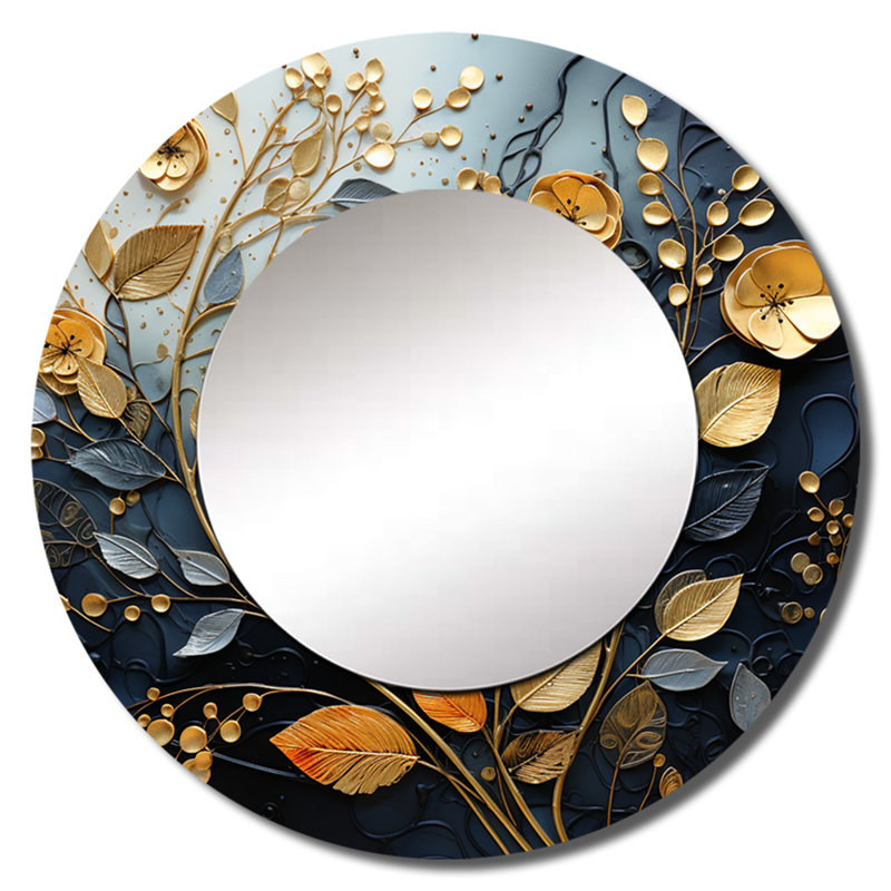 «Black and Gold Leaf Charm In Winter I - Leaves», miroir mural rond traditionnel, impression sur métal, 29 po x 29 po