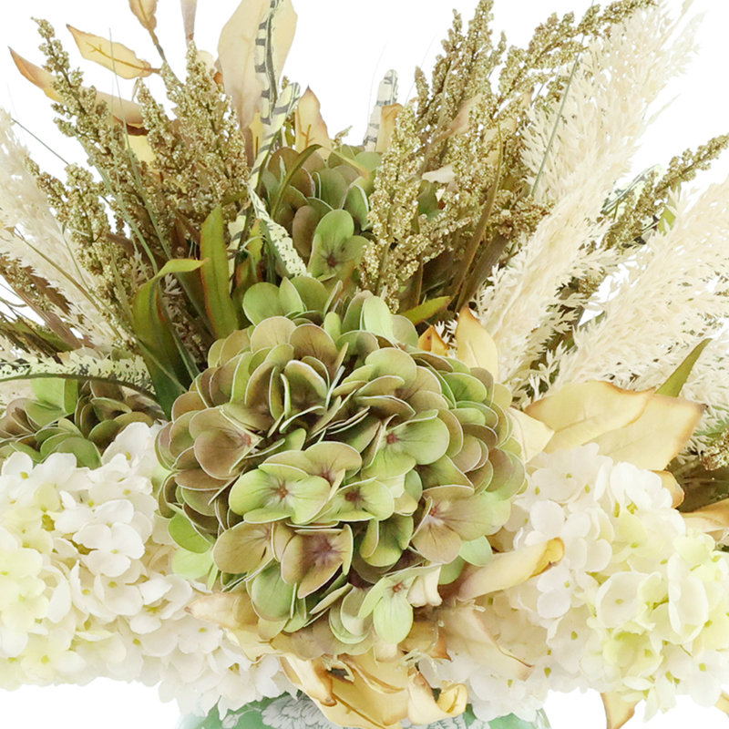 Fall Hydrangea, Heather and Pampas Arrangement in Decorative Ceramic Vase