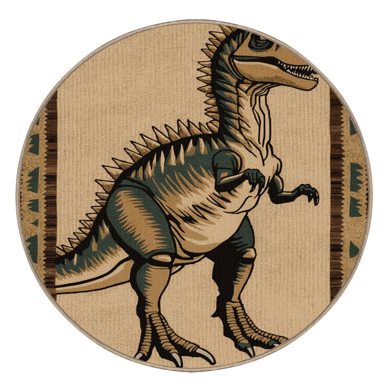 Tapis beige dinosaures lavable à la machine, Rond 3 pi