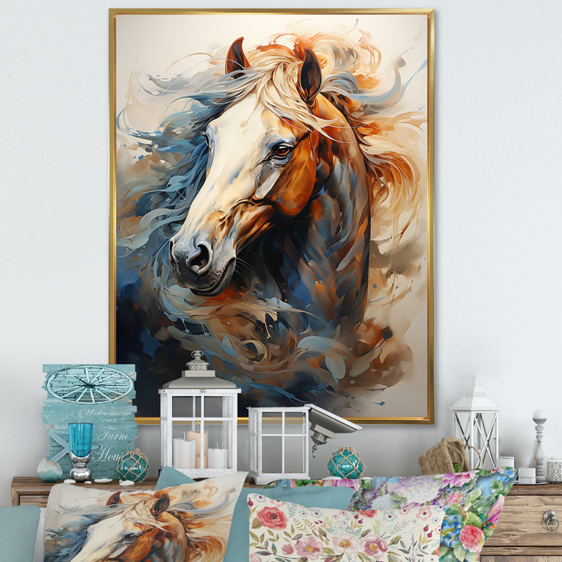 «Horse Grace Portrait I» - art mural cheval, H 44 po x l 34 po, Reproduction avec cadre flottant, Doré