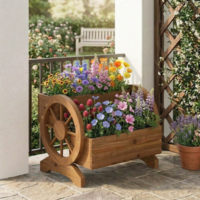 Jardinière en bois en forme de chariot, chariot décoratif pour fleurs de jardin avec roues et trous de drainage, marron