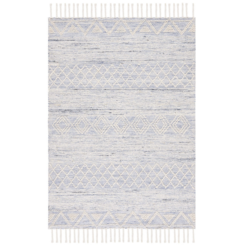 Antwoin Hand Woven Wool/Cotton Geometric Rug in Blue/Ivory, Rectangle 6' x 9'