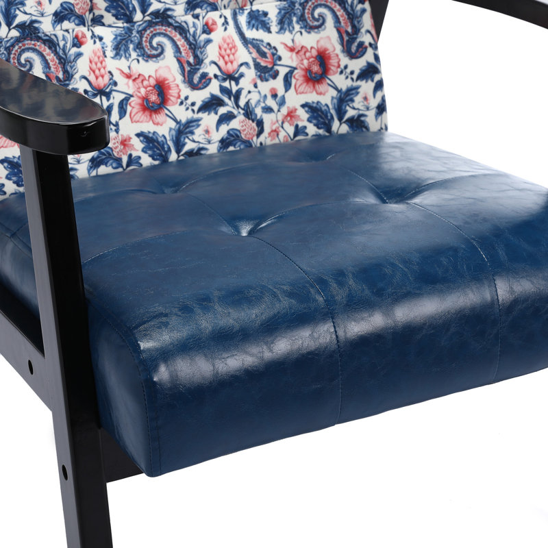 Floral Print Features Tufted Artificial Leather Mid-century Modern Accent Armchair, Blue