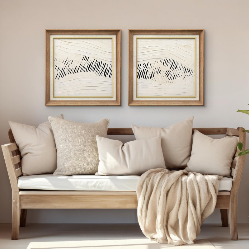 Crème neutre, vague organique, ligne contemporaine, encadrée, œuvre d'art de la chambre principale, 2 pièces