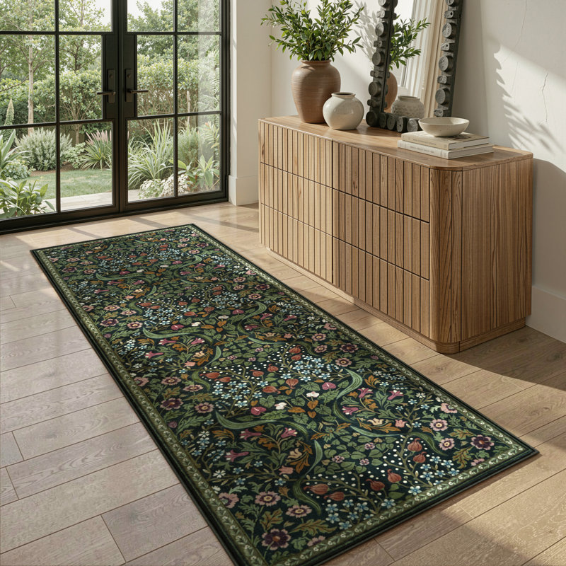 Tapis lavable à motif floral Kaldi, Tapis de couloir 2 pi x 6 pi, Vert