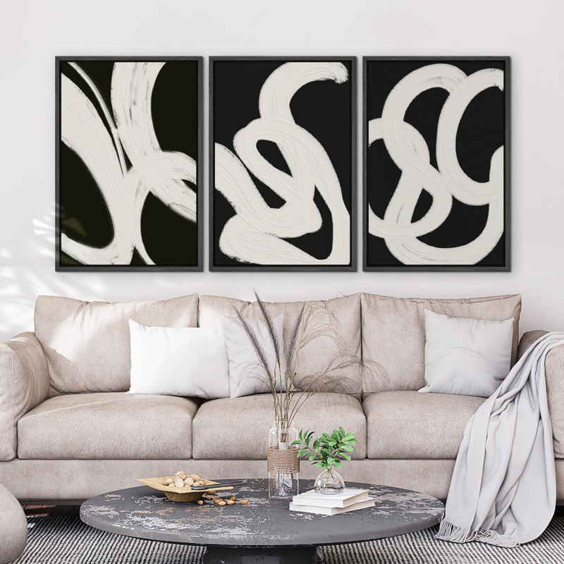 Black And White Stroke Abstract Geometric Decor Boho Mid-Century Modern On Canvas 3 Pieces Print, Black Floater Framed