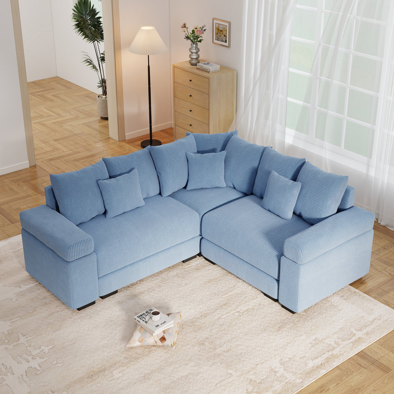 79" L-Shaped Corduroy Upholstered Sectional, Blue Corduroy