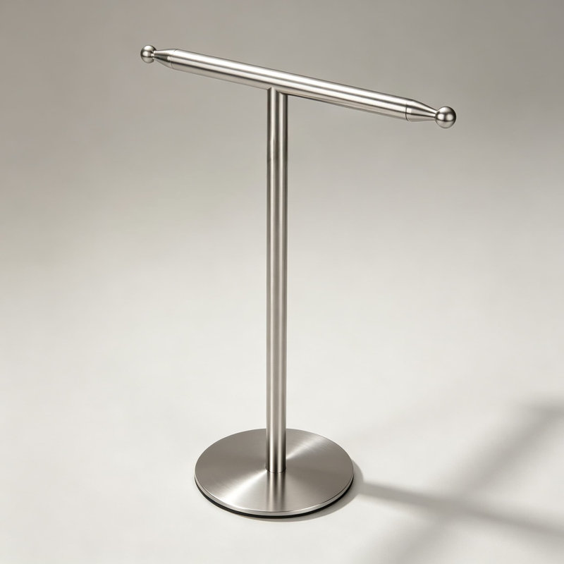 Porte-serviettes sur pied pour meuble-lavabo, en acier inoxydable en forme de T avec fini nickel brossé, idéal pour la salle de bain et la cuisine.