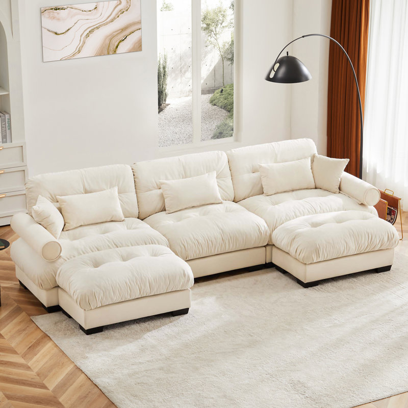 U Shape Modular Sectional Sofa Couch With Two Movable Ottomans, Modern 3 Seat Corner Sofa With Waist Pillows, Throw Pillows And Blostered Armrests, Convertible L Shaped Couch For Living Room