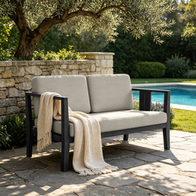 Causeuse d'extérieur en bois de teck avec coussin et accoudoirs Junco