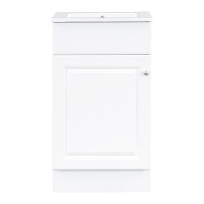 Meuble-lavabo de 18 po pour salle de bain. Blanc avec espace de rangement. Fabrication du lavabo en céramique. Tablette de porte et tablette réglable. Lavabo. Meuble-lavabo peint. Finition réactive.