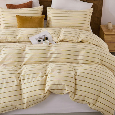 Ensemble de housse de couette 100% coton rayé pour grand lit, literie en mousseline à fines rayures jaune beurre, ensemble de housse de couette en gaze double, ensemble de literie neutre doux, respirant, chaud et neutre, 3 pièces