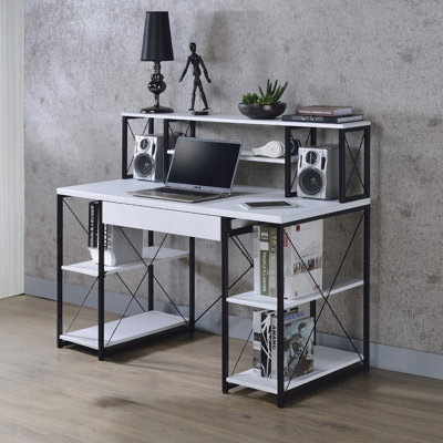 Rectangular White And Black Writing Desk, One Drawer 8 Open Shelves, Metal Tube Base, Ideal For Document Storage, Main Material All - Around Desk With