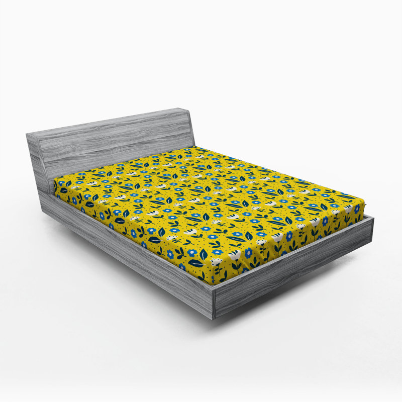 Microfiber Geometric Fitted Sheet, Queen Fitted Sheet, Yellow/Blue Floral 2