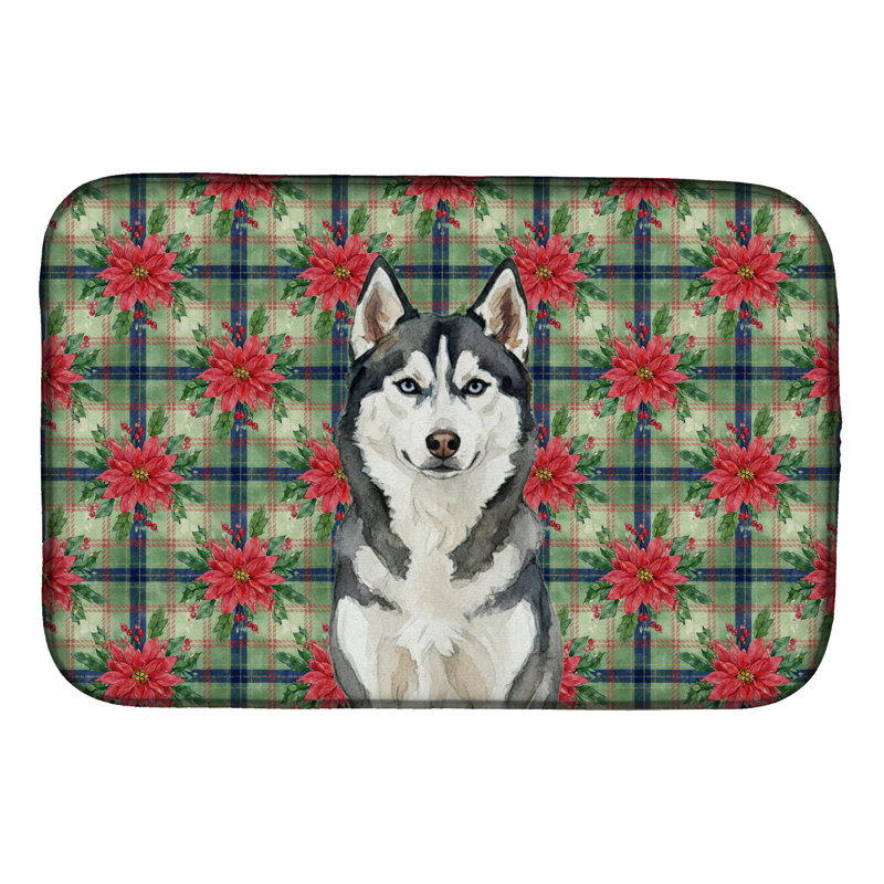 Tapis de séchage Siberian Husky Christmas PoinsettIas, Noir / blanc