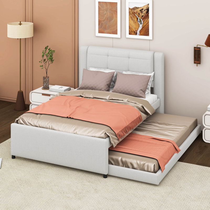Lit plateforme tapissier pleine grandeur avec lit gigogne Howington, Beige