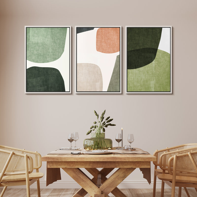 Mid-Century en forme de Tripyth vert, ovales multicolores abstraits, Mid-Century moderne, impression sur toile encadrée, 3 pièces, décoration murale