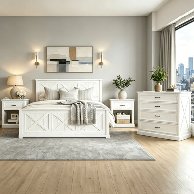 4-Piece Farmhouse Queen Bedroom Set, Panel Bed With 2 Nightstands & 4-Drawer Dresser