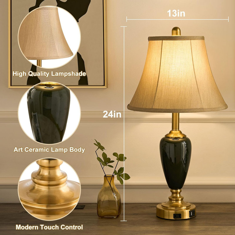 Ceramic Table Lamp With 3-Way Dimmable Touch Control, 2 USB Ports & AC Outlet, Modern Nightstand Lamp For Bedroom, Living Room, Office (Bulb Included)