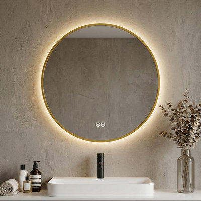 24" Gold Framed Round LED Backlit Bathroom Mirror, 3 Color Dimmable Light, Anti-Fog, Touch Control