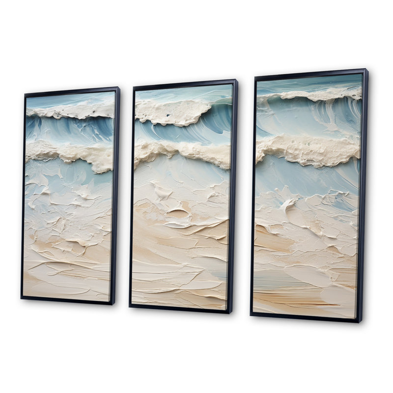 «Beige and Blue Coastal Beach Paint I», ensemble d'art sur toile de plage, Cadre flottant noir, H 40 po x l 60 po x P 1 po