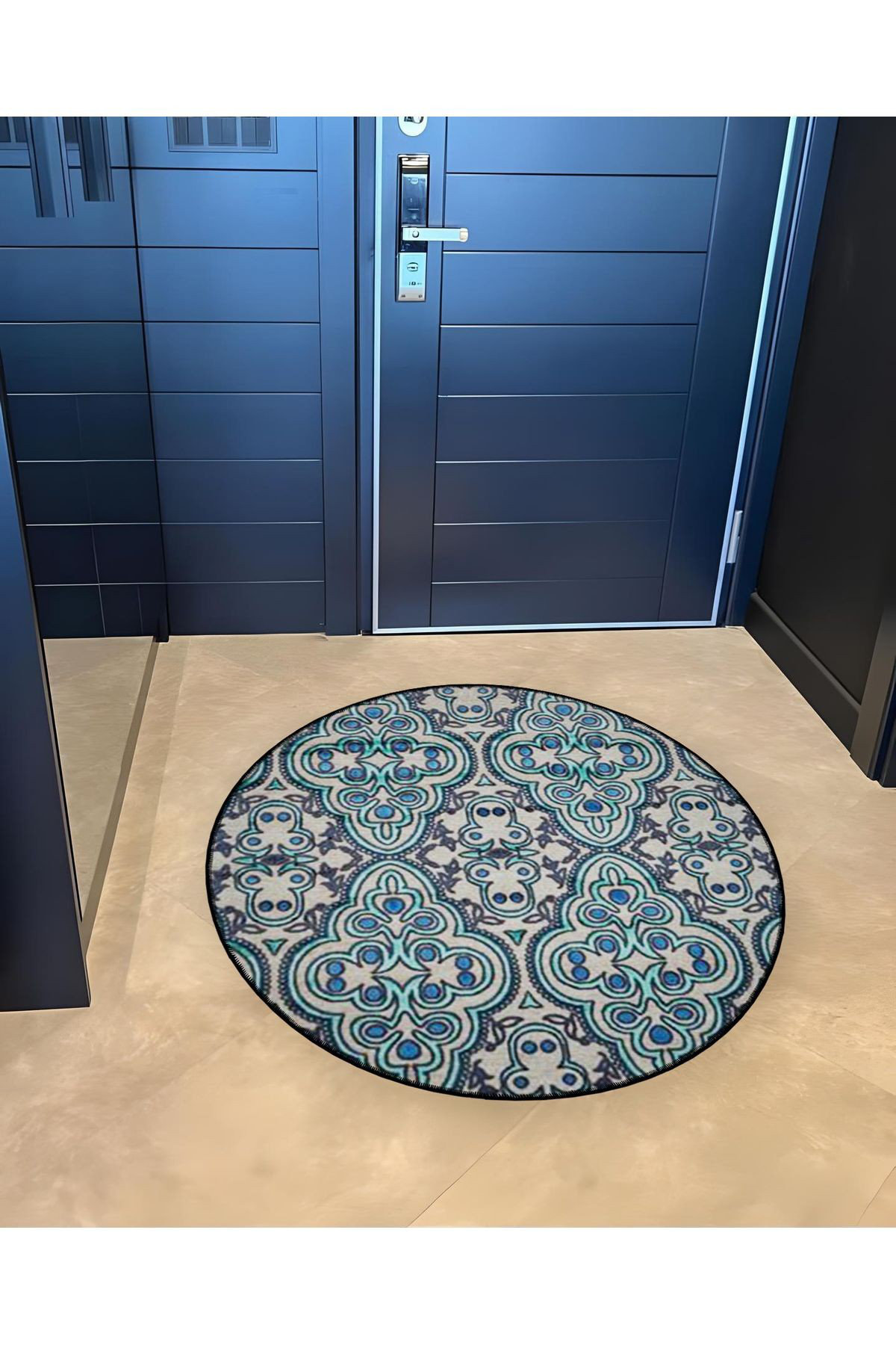Round Rug Inky Blue Hokku Designs Round Blue Tones Ethnic Pattern Detailed Woven Base ...