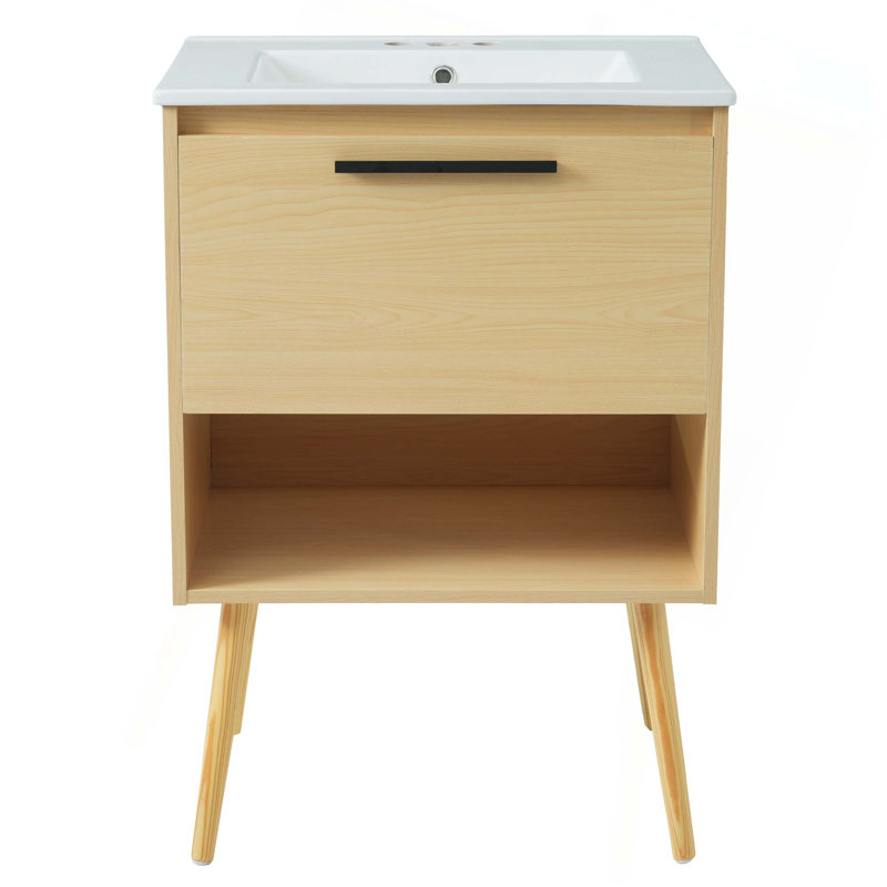 Meuble-lavabo 24 po avec lavabo, armoire de salle de bain multifonctionnelle avec tiroir, panneau de fibres à densité moyenne, naturel