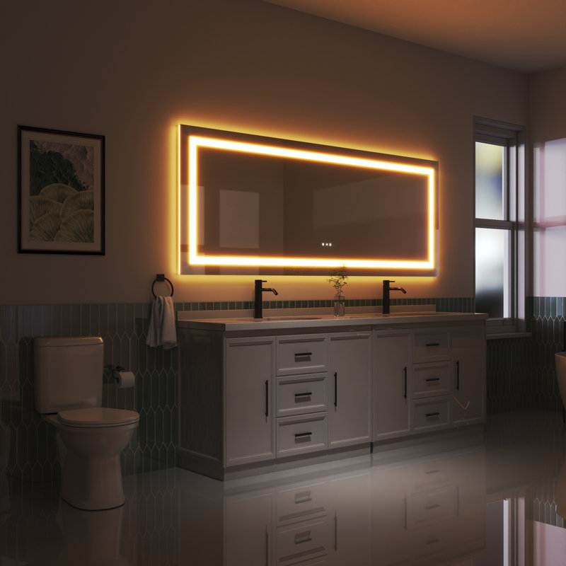 Led Bathroom Durable Tempered Mirror 72x 32, Dimmable Vanity Mirrors For Wall, Anti-fog, 3 Colors Adjustable, Memory, Double Led Lights ( Front And Backlit )
