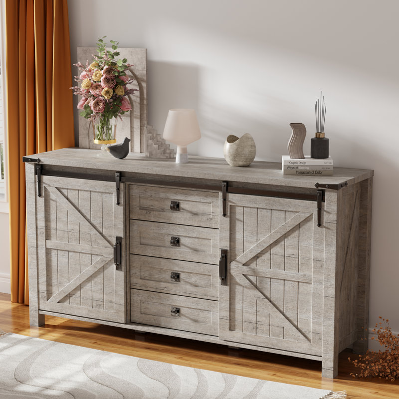 60'' Farmhouse Dresser Chests with 4 Drawers and 2 Cabinets, Light-Color