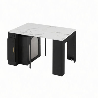 Extendable Dining Table with 3 Removable Middle Leaves, Mobile Rolling Island Table with Power Outlet, Saving-space Cabinet with Storage for Dining Ro
