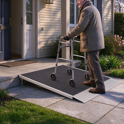 Rampe de seuil réglable en aluminium, 91,4 cm x 91,4 cm, capacité de 317,5 kg, hauteur de 8,1 à 18 cm, rampe d'accès pour fauteuil roulant pour portes, argent