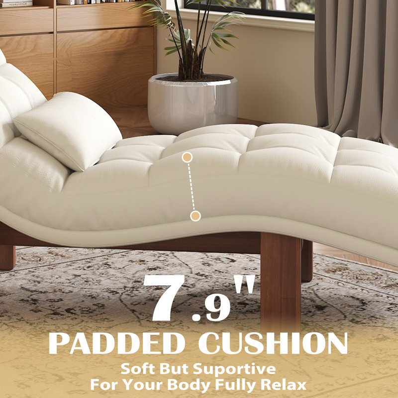Chaise longue rembourrée en similicuir avec appui-tête et coussin lombaire, Similicuir beige