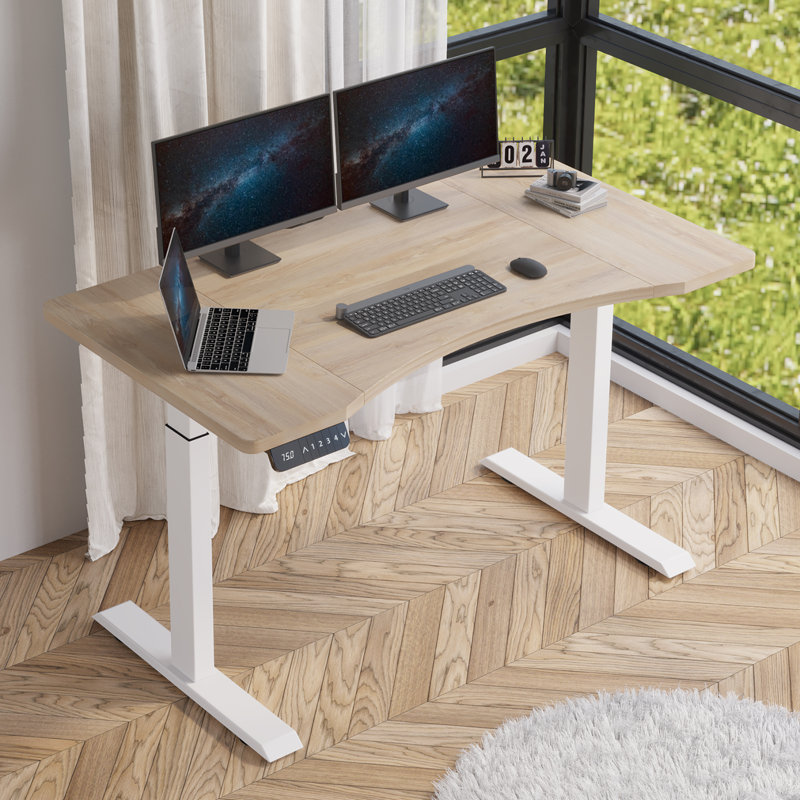 Latysha Dual Motor Electric Height Adjustable Curved Standing Desk, Oak/White, 45" H x 55" W x 30" D