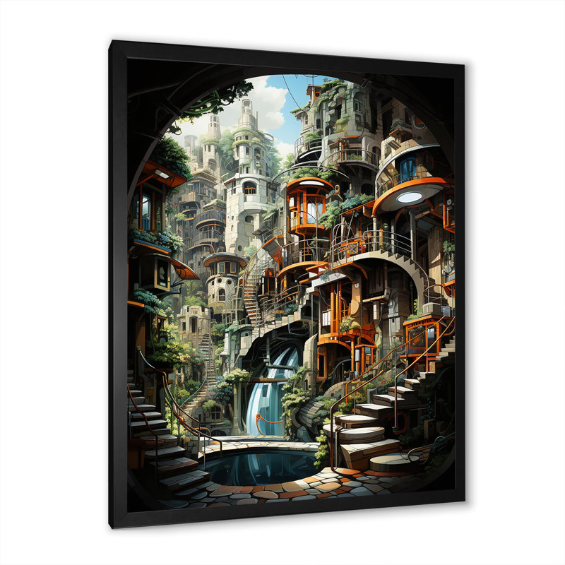Animations, ville futuriste - salon d'art mural, Cadre simple noir, H 40 po x l 30 po x P 1,5 po