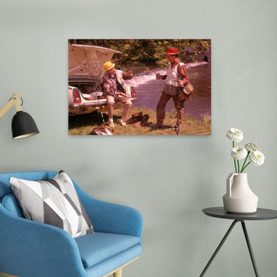 1960S Two Men Wearing Fishing Gear Drinking Beer Talking By Open Car Trunk Along Stream Contemporary Fish Summer Wall Art