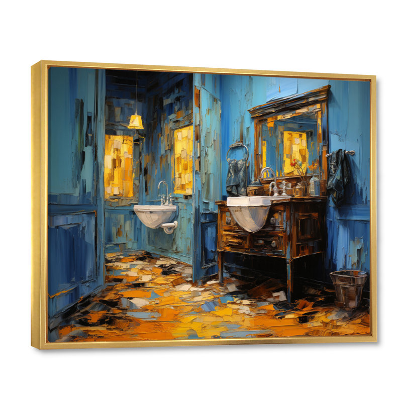«Bathroom & Turquoise Painting V - Bath & Laundry», impressions d'art mural, H 16 po x l 32 po x P 1 po, Cadre flottant doré