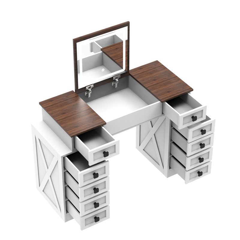 Table de maquillage lumineuse à intensité variable avec grand rangement. 10 tiroirs, blanc et noyer. Miroir pliable pour la conservation de l'espace. Confortable et tabouret généreux.