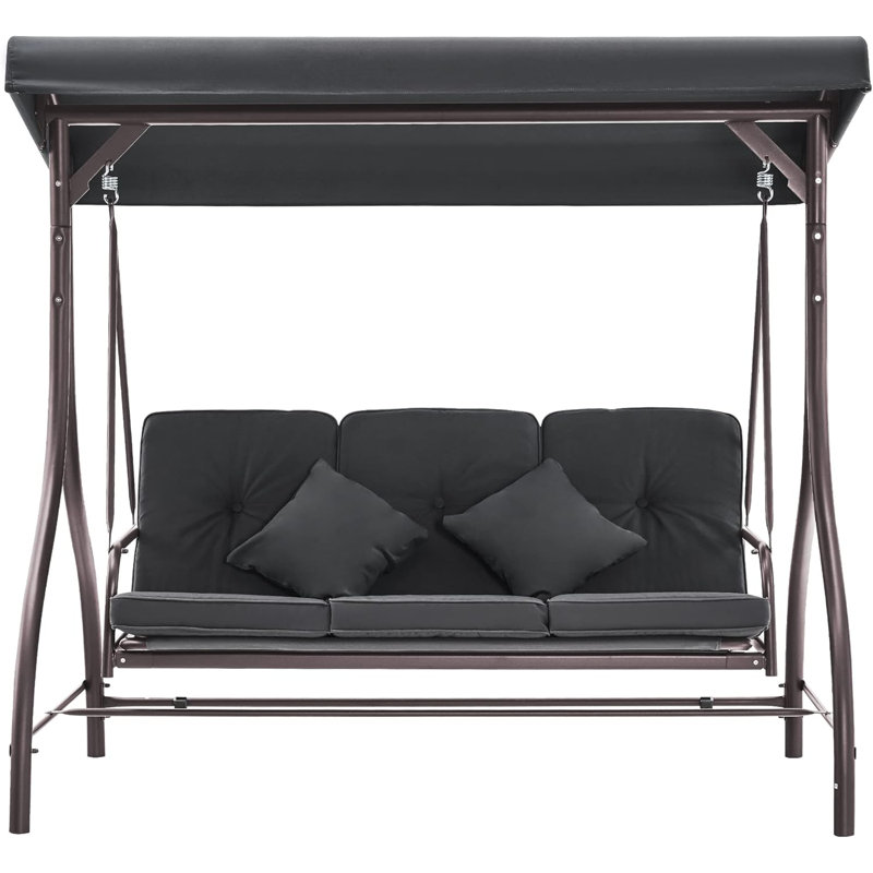 Black 3-Seat Outdoor Patio Swing Chair with Adjustable Backrest