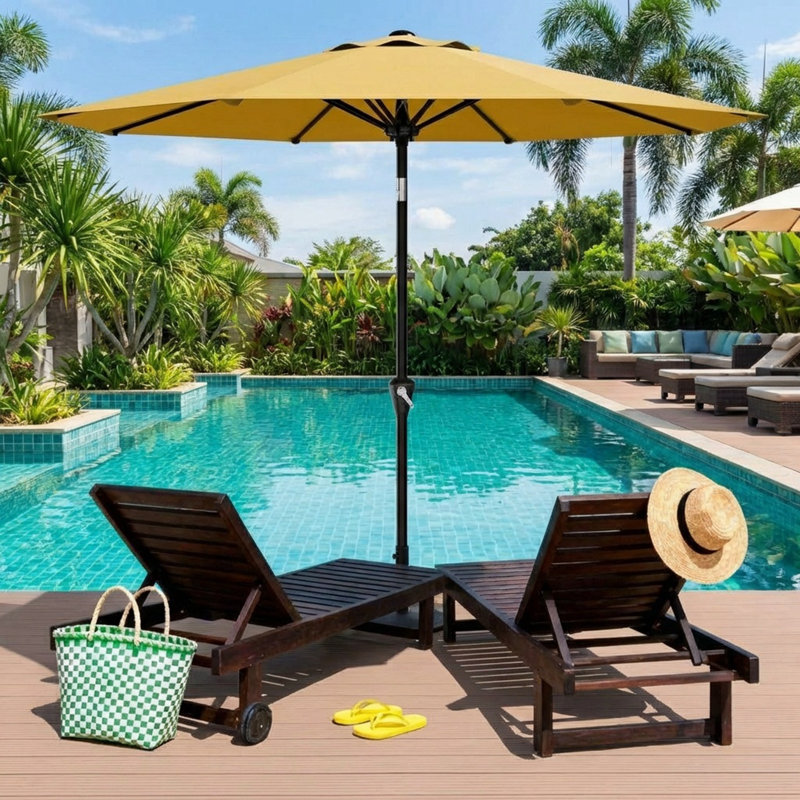 Parasol de terrasse de 9 pi avec table de marché ronde à 8 nervures avec manivelle et bouton-poussoir inclinable, 9 pi, jaune