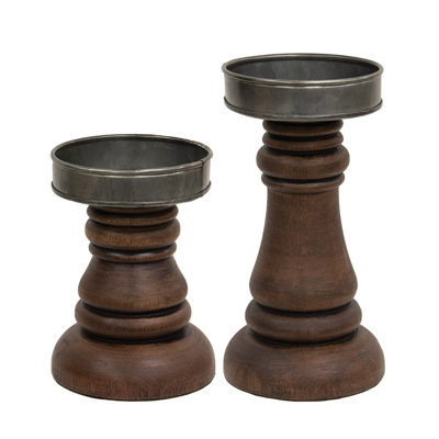 2/Set - Walnut Stained Wood & Metal Pillar Holders