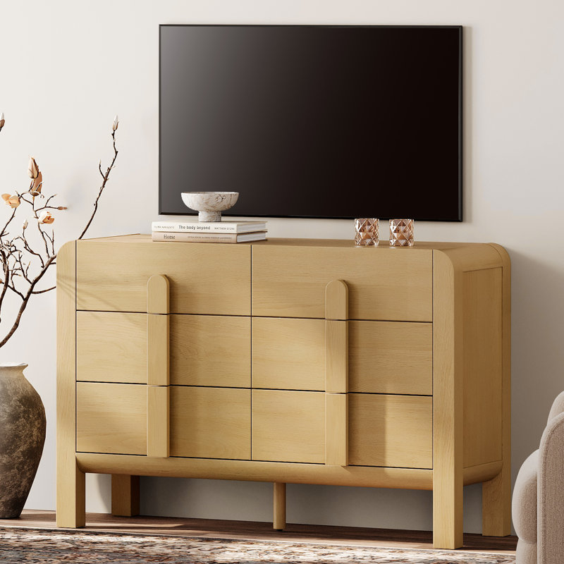 Mid Century Modern 6 Drawer Dresser TV Stand For 55 Inch TV, Entertainment Center With Curved Profile Design, Wood TV Console With Storage For Living Room