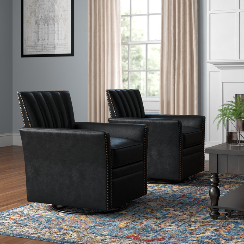 Arhianna Leather Swivel Armchair, Black Genuine Leather